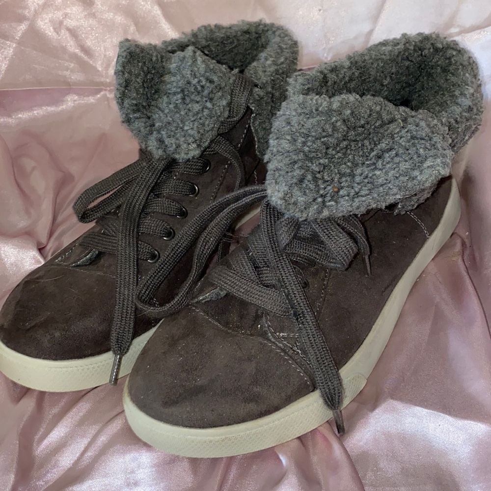 grey fuzzy sneakers